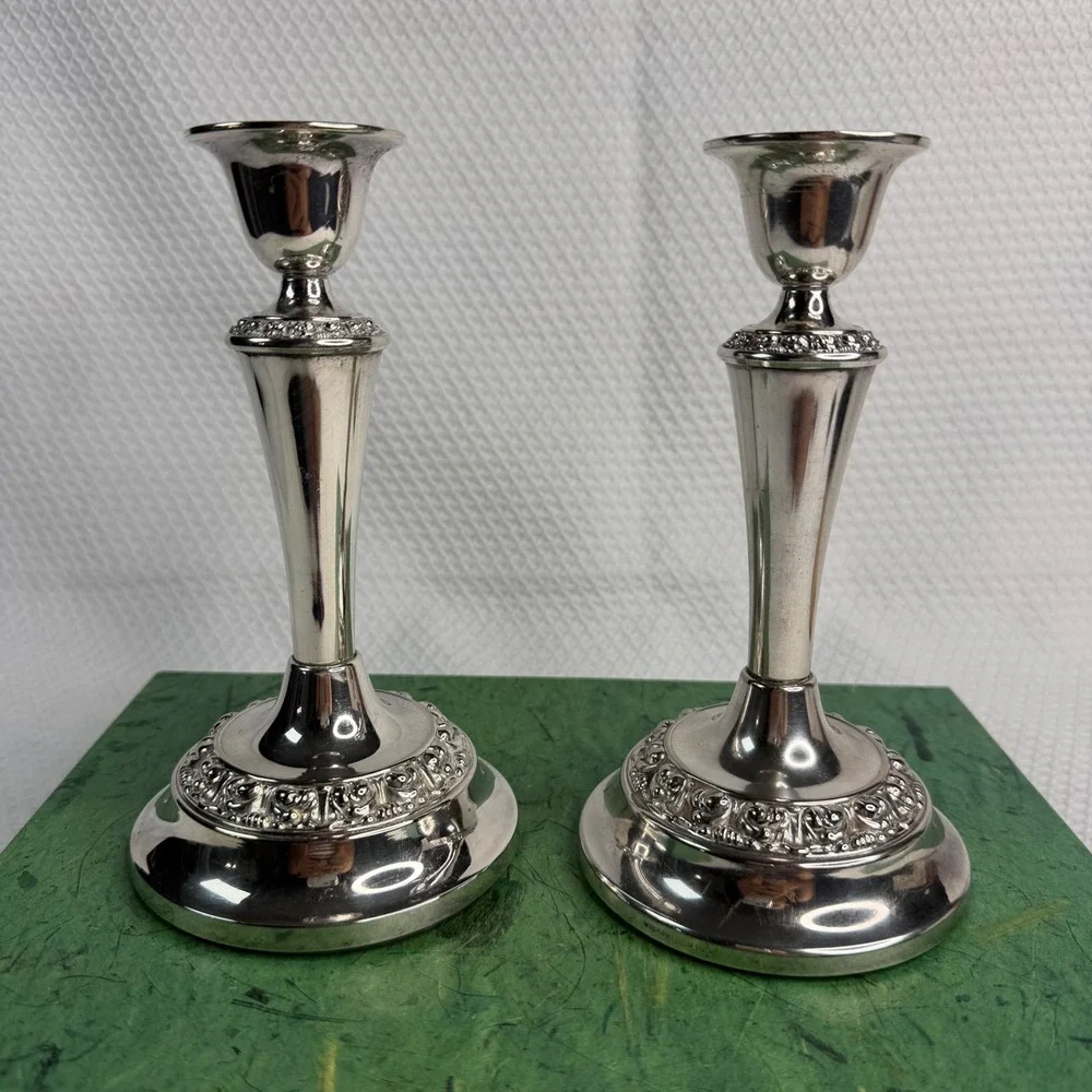 Vintage Lanthe C34 Silver Plated Taper Candlestick Holders Floral Set of 2 7in